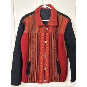 Women’s Peruvian Style Woven Button Up Coat-Orange/Red/Blk.-Med.